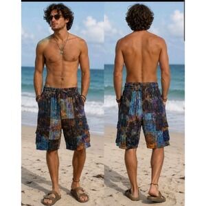 Shop Therapy Patchwork Tie-Dye Boho Hippie Cotton Cargo Shorts Size M Beach Y2K